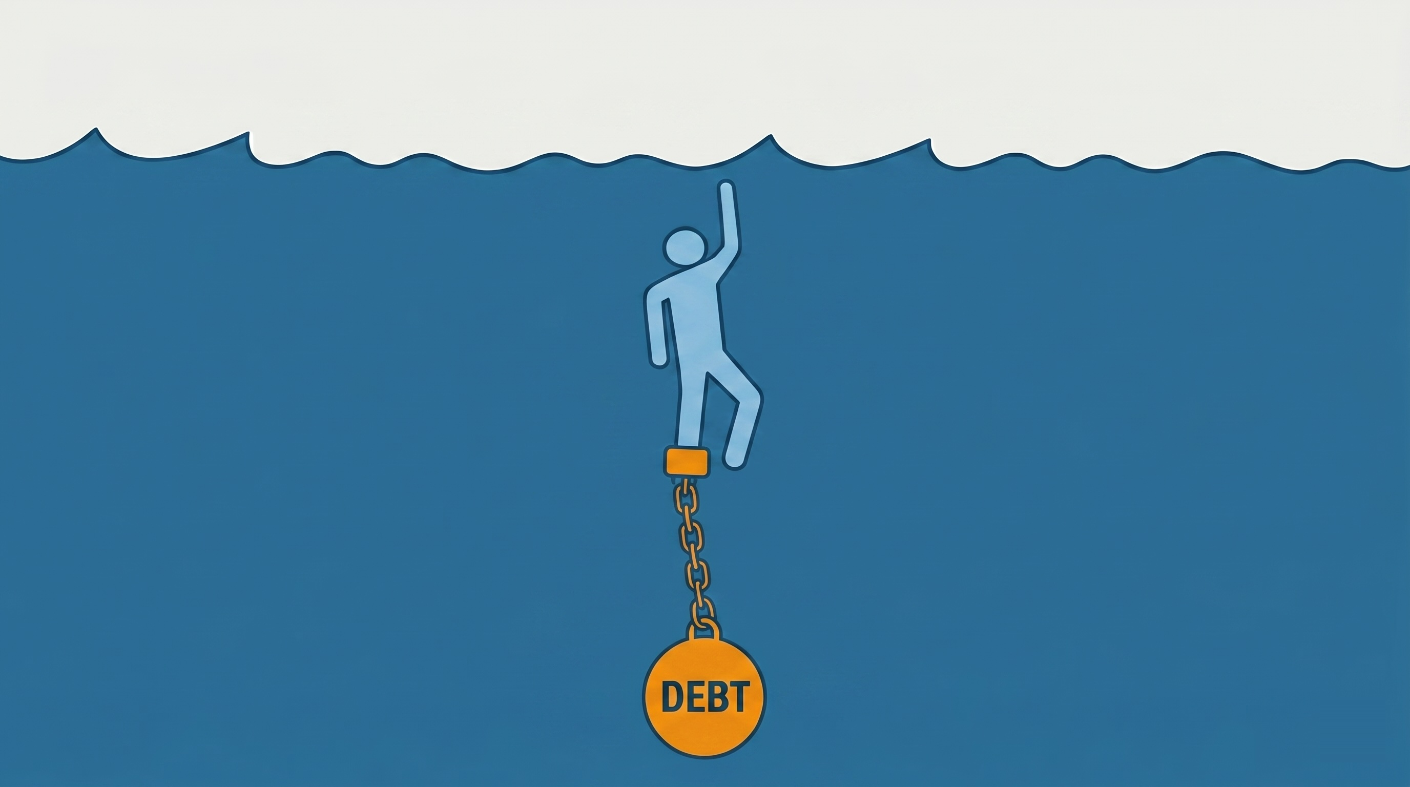 Illustration of a person treading water at the surface with a heavy DEBT ball-and-chain dragging them down — visual metaphor for patients carrying BNPL debt.